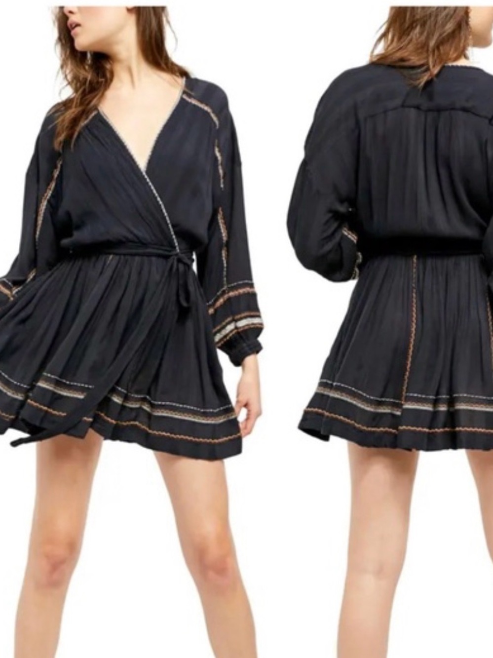 Free People Black Mini Wrap Dress with Contrast Stitching